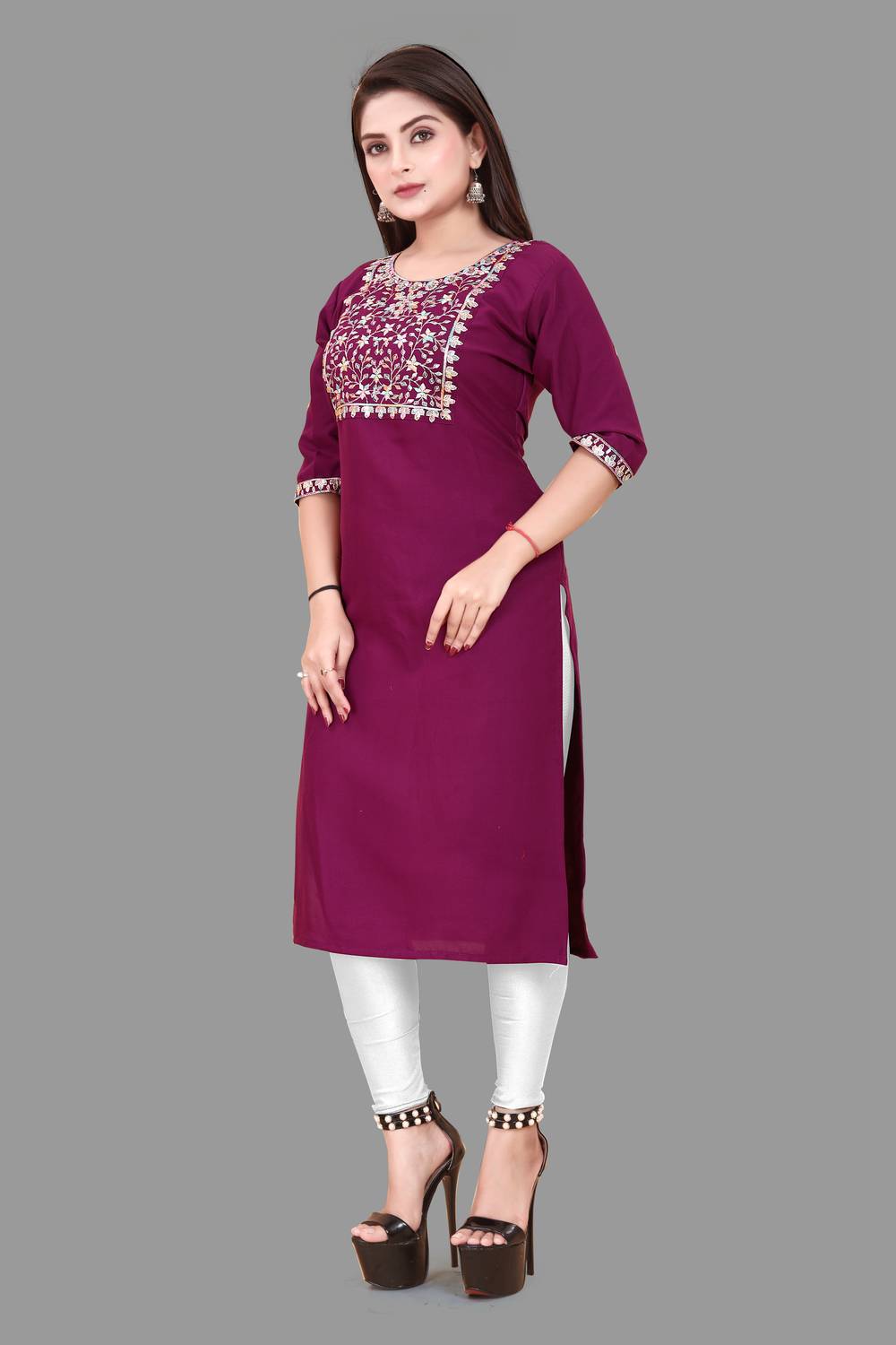 TITHIGARMENTS Women Embroidered Viscose Rayon A-line Kurta (Purpl