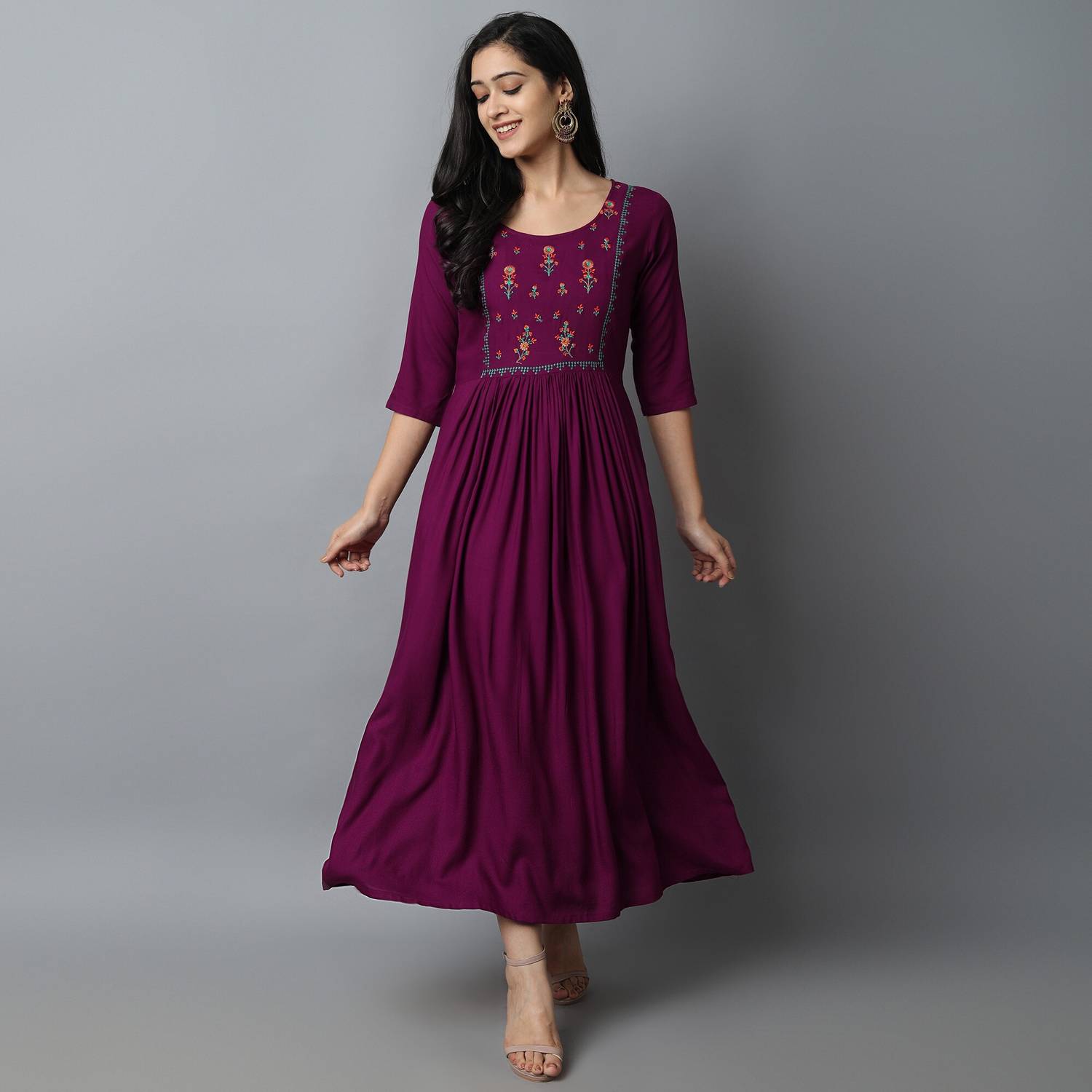 Kriska Women Embroidered Viscose Rayon A-line Kurta (Maroon)