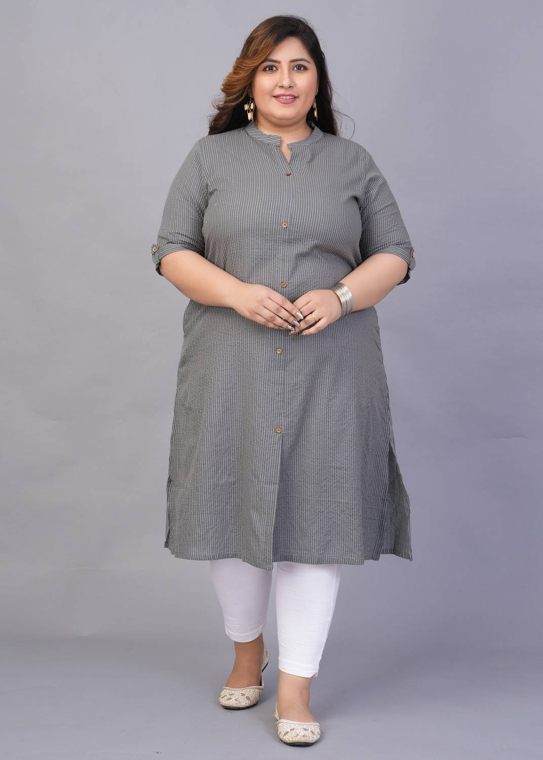 Gs Fashions Women Striped Pure Cotton Straight Kurta (Grey)