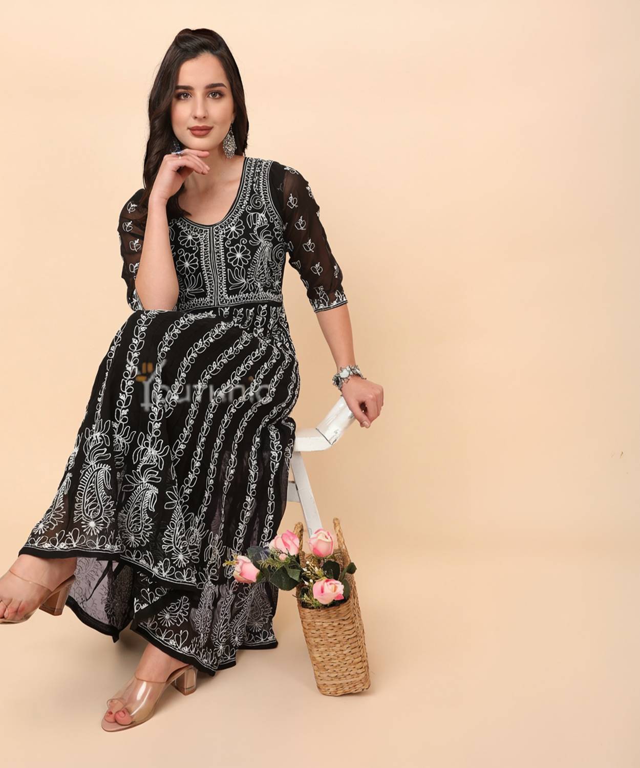 Youthnic Women Chikan Embroidery Georgette Anarkali Kurta (Black)