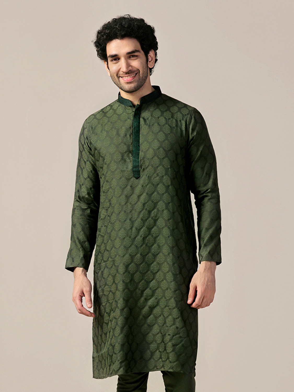 Image of Kisah Woven Design Silk Blend Straight Kurta for Men (Green)
