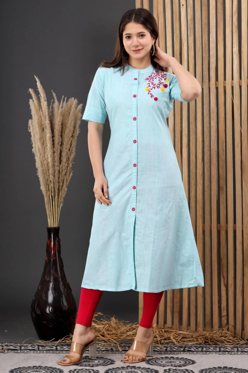 Dizon Women Embroidered Cotton Blend A-line Kurta (Blue)