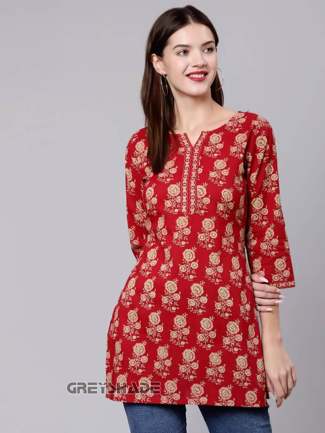 GREYSHADE Women Printed Cotton Rayon Straight Kurta (Red)