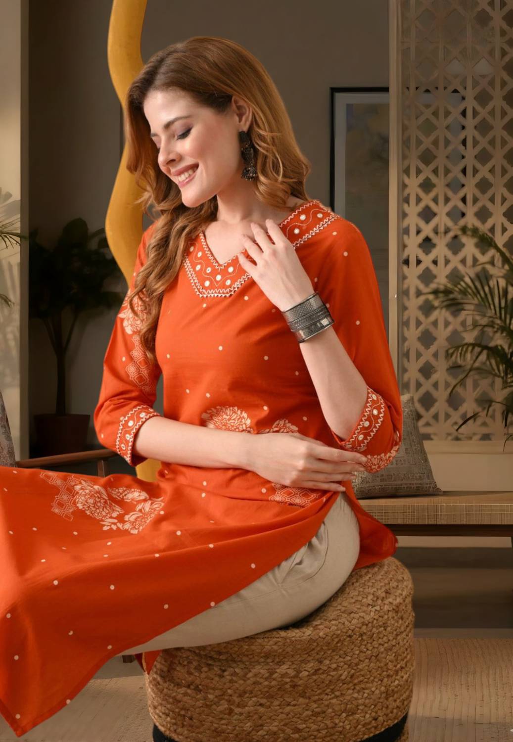 Wawlooks Women Printed Viscose Rayon Straight Kurta (Orange)