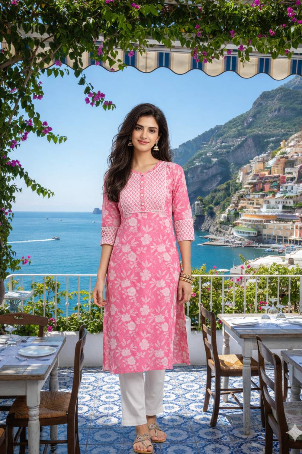 LARGISH Women Printed Pure Cotton Straight Kurta (Pink)