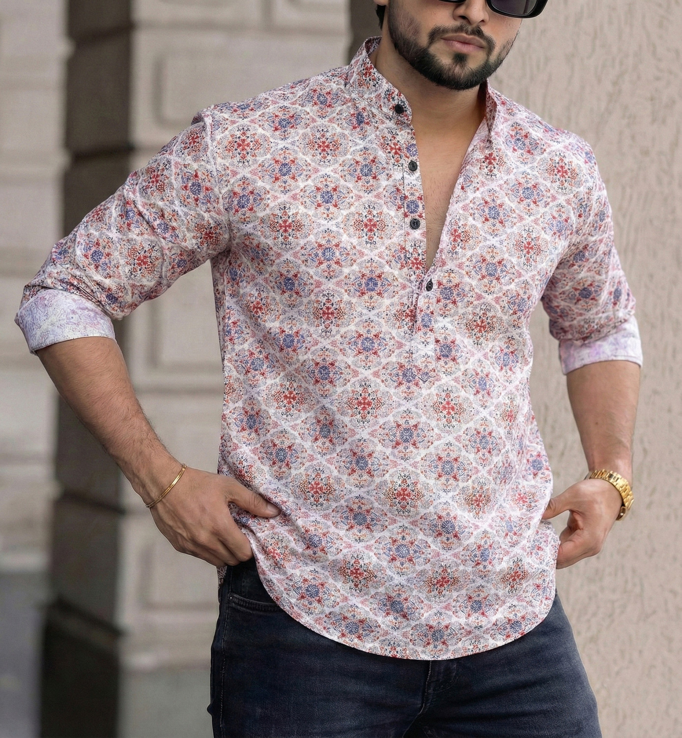 Image of Poltern Men Geometric Print, Printed Straight Kurta