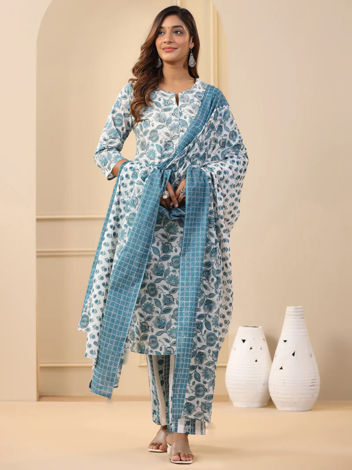Image of Assume Fab Pack of 3 Printed Cotton Blend Straight Kurta for Women With Attached Dupatta (White)