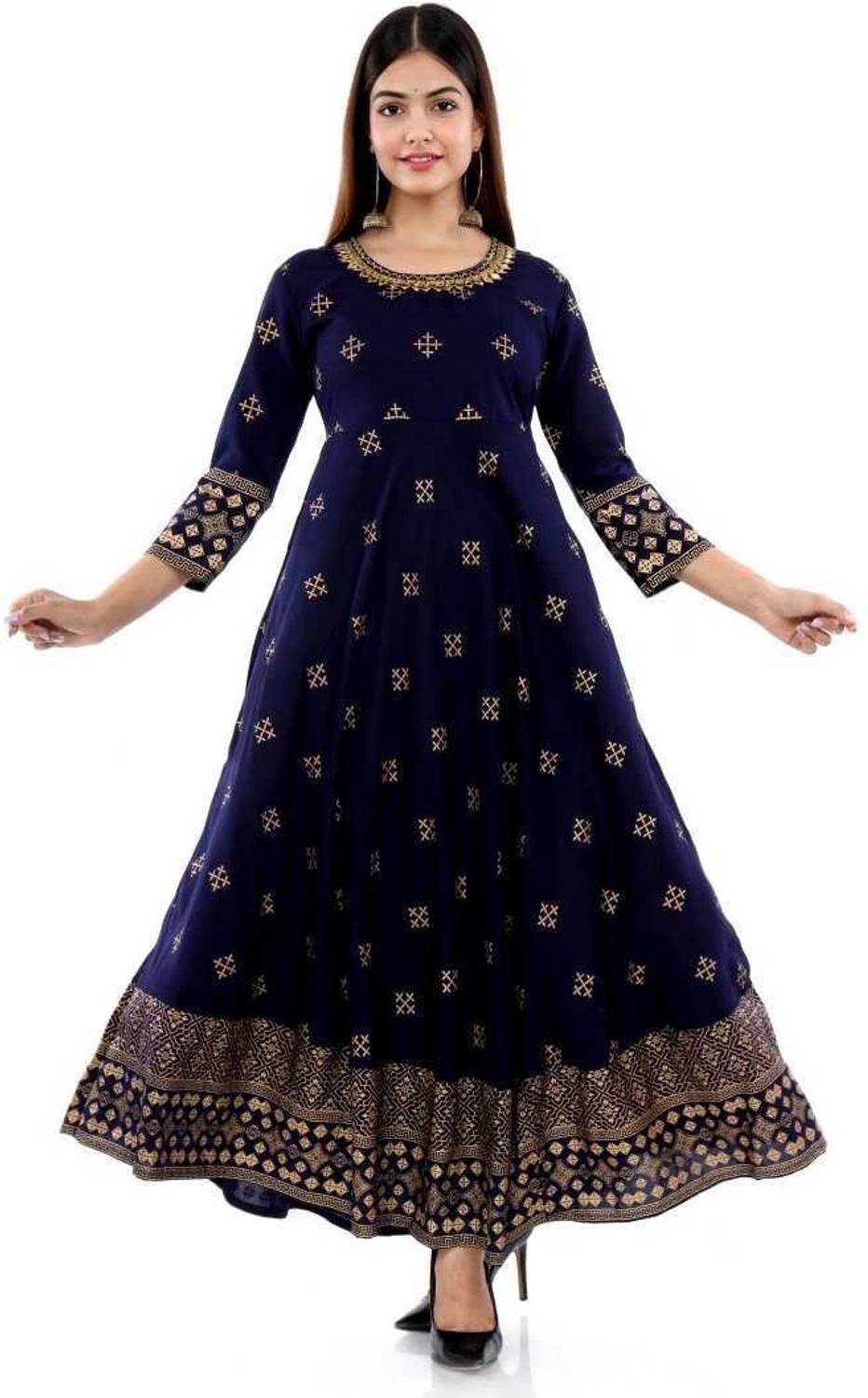 Bairaj Women Printed Viscose Rayon Flared Kurta (Dark Blue)