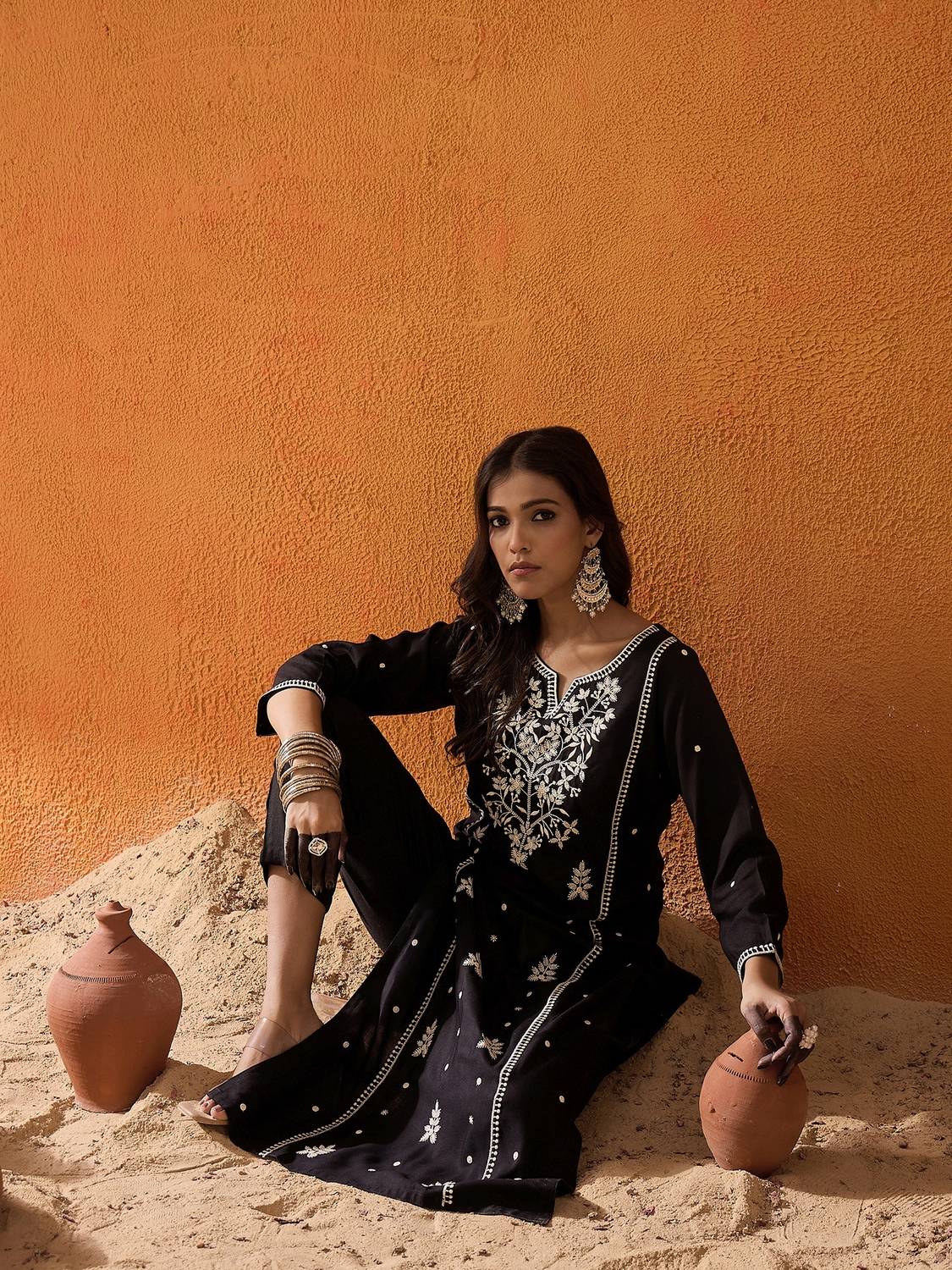 Indo Era Women Embroidered Viscose Rayon Straight Kurta (Black)