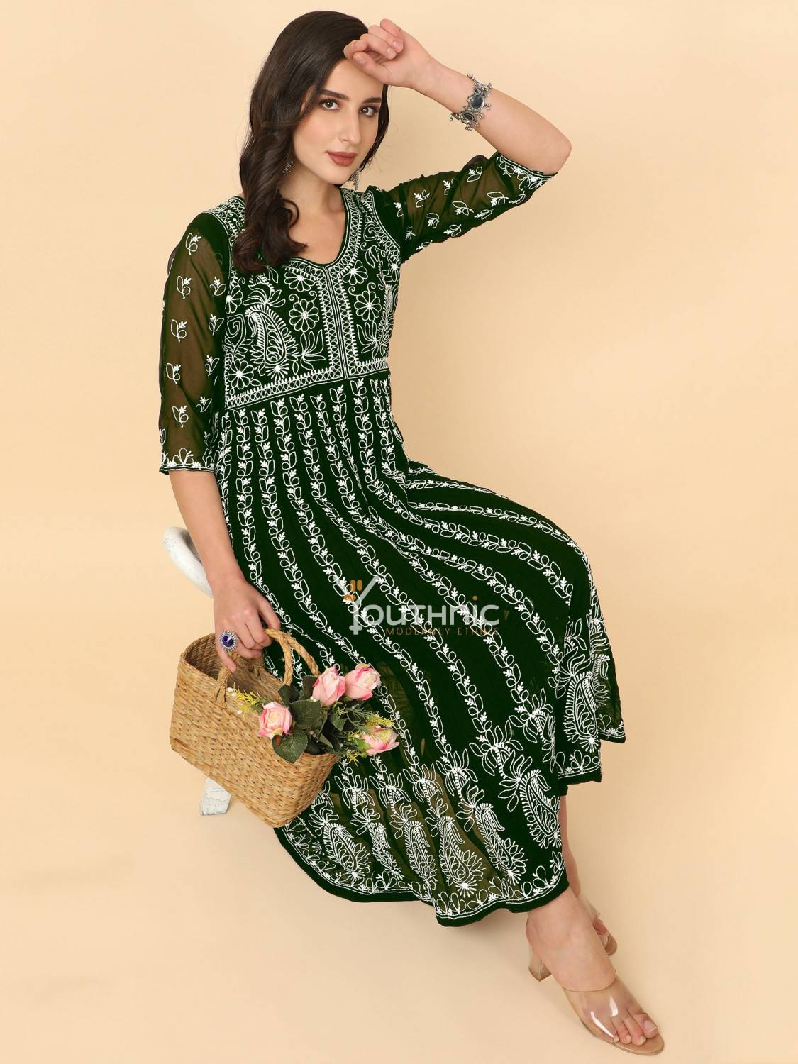 Youthnic Women Chikan Embroidery Georgette Anarkali Kurta (Dark G