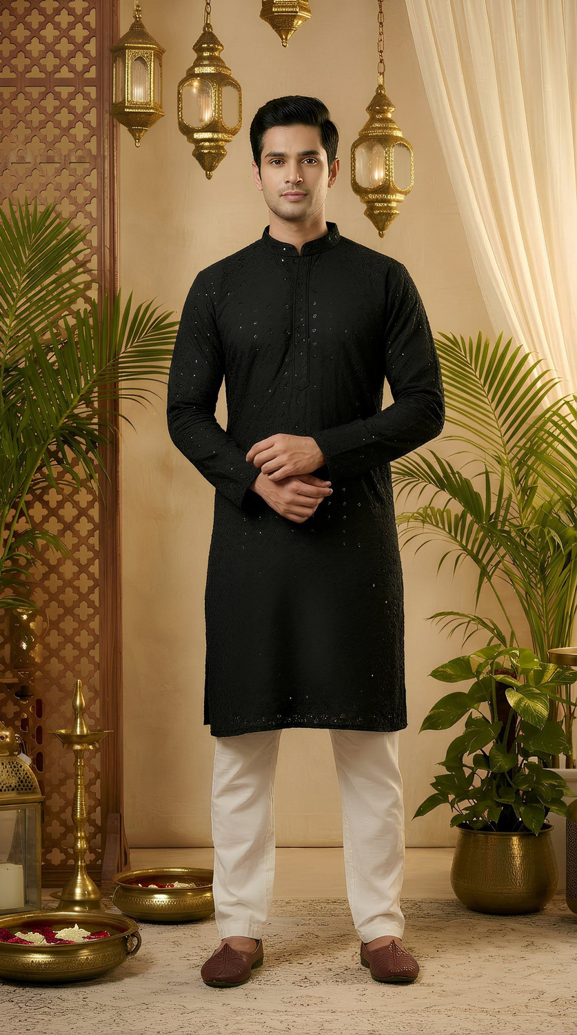 Image of ADHIRAJAN Men Embellished Straight Kurta