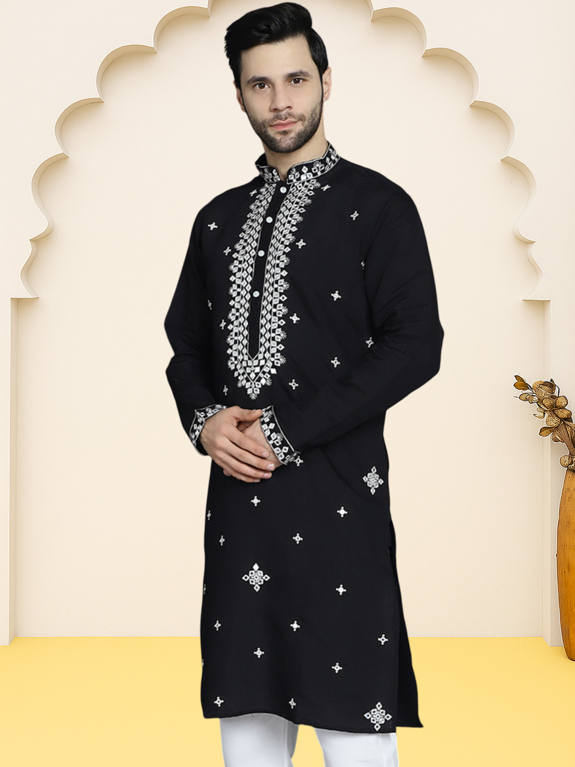 Image of Jompers Embroidered Silk Blend Straight Kurta for Men (Black)