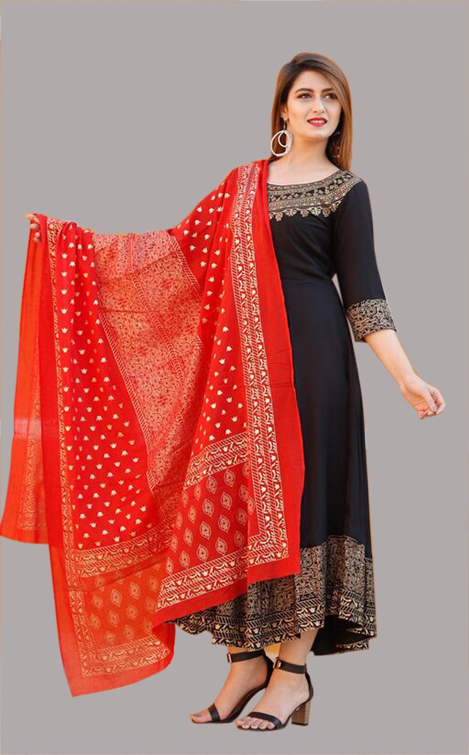 SkyAsia Women Printed Cotton Blend Anarkali Kurta With Attached D