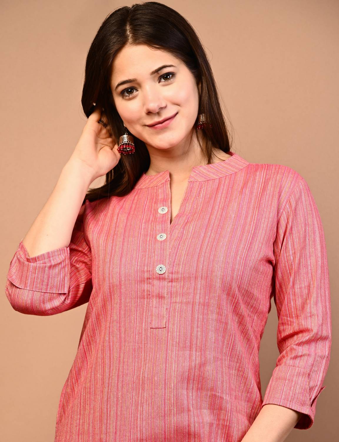 Rimeline Women Self Design Pure Cotton Straight Kurta (Pink)