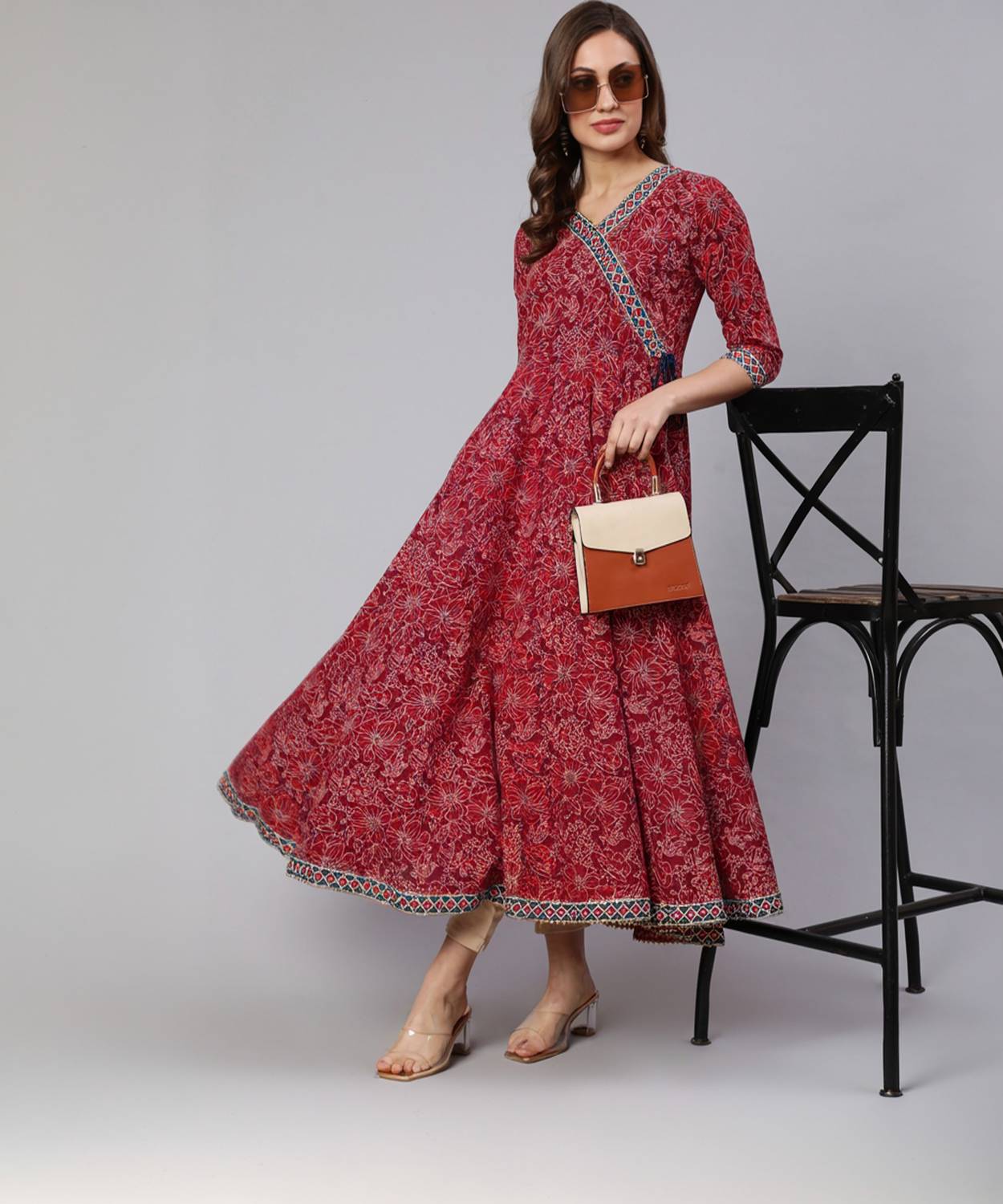 Women Click Women Printed Pure Cotton Flared Kurta (Maroon)