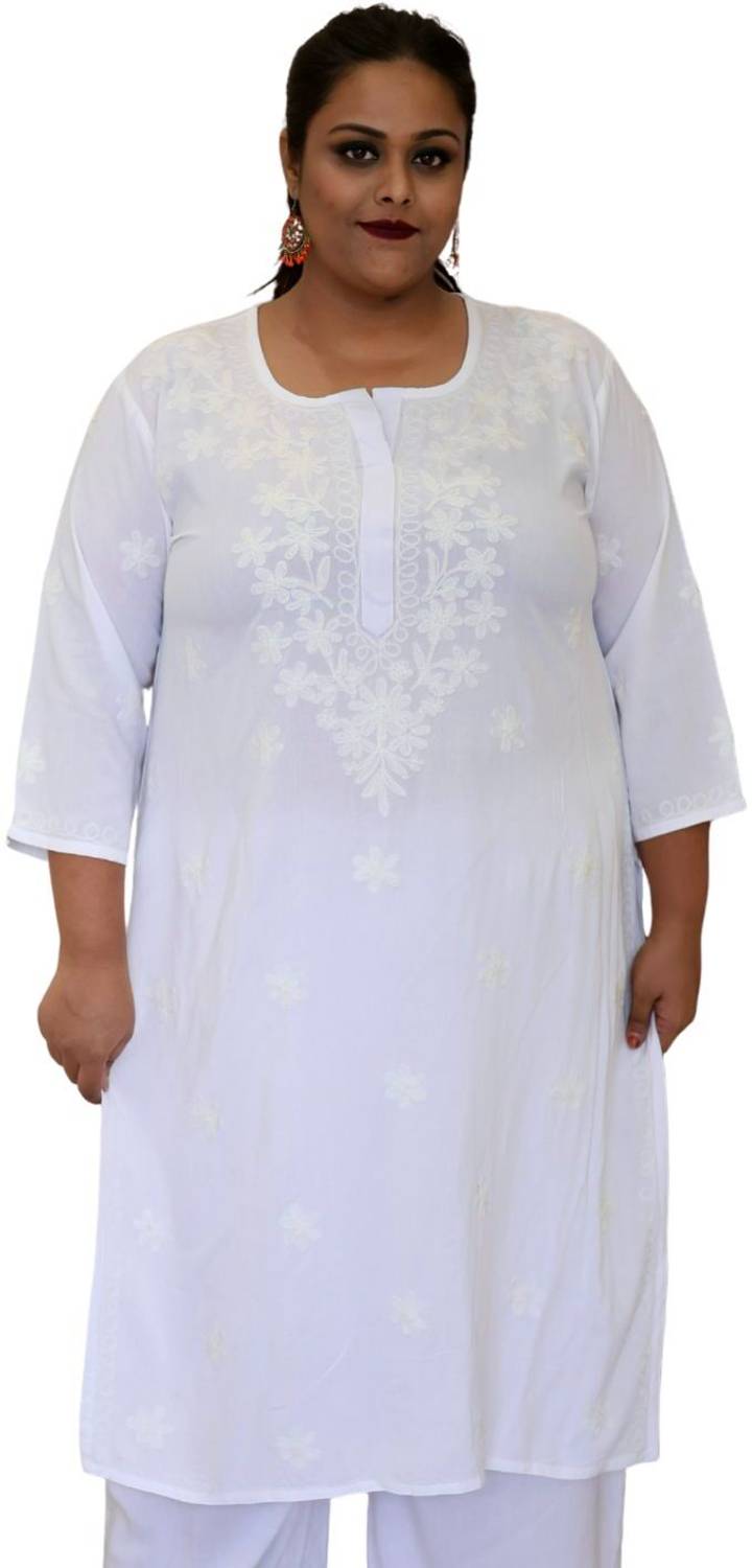 myplusfashion Women Chikan Embroidery Viscose Rayon Straight Kurt