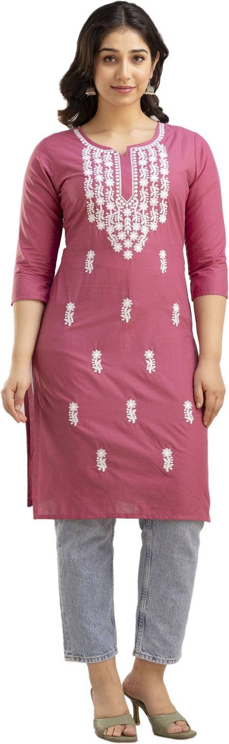 Gundia Fashion Women Embroidered Cotton Blend Straight Kurta (Pin