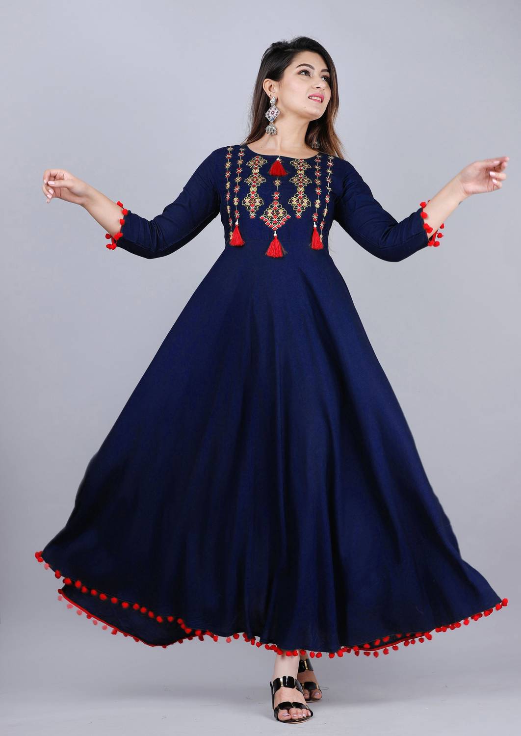 Sefali Women Embroidered Cotton Rayon Anarkali Kurta (Dark Blue)