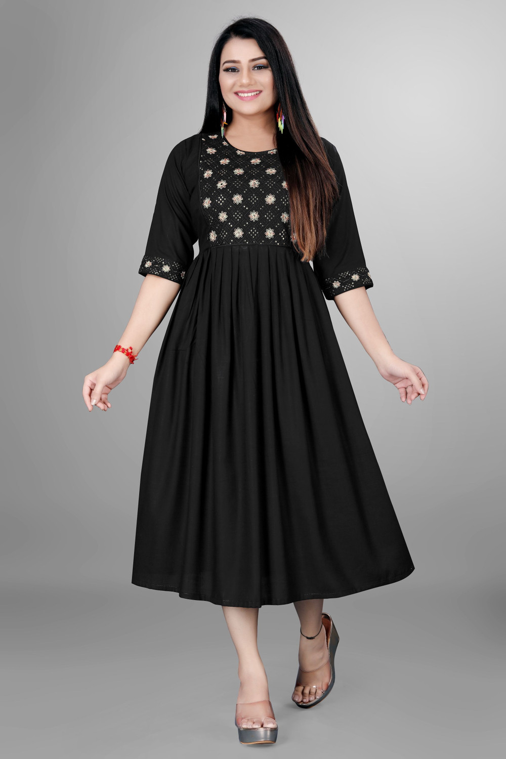 Image of sheladiya Women Fit and Flare Black Midi /Calf Length Dress