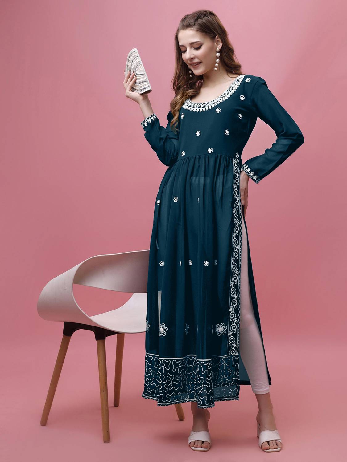Shree Ramkrishna Fab Women Embroidered Georgette A-line Kurta (Bl
