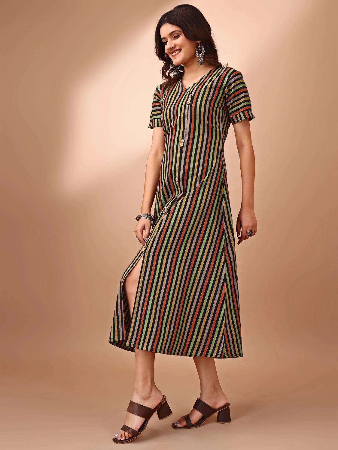 Youthnic Women Striped Cotton Blend A-line Kurta (Dark Green)
