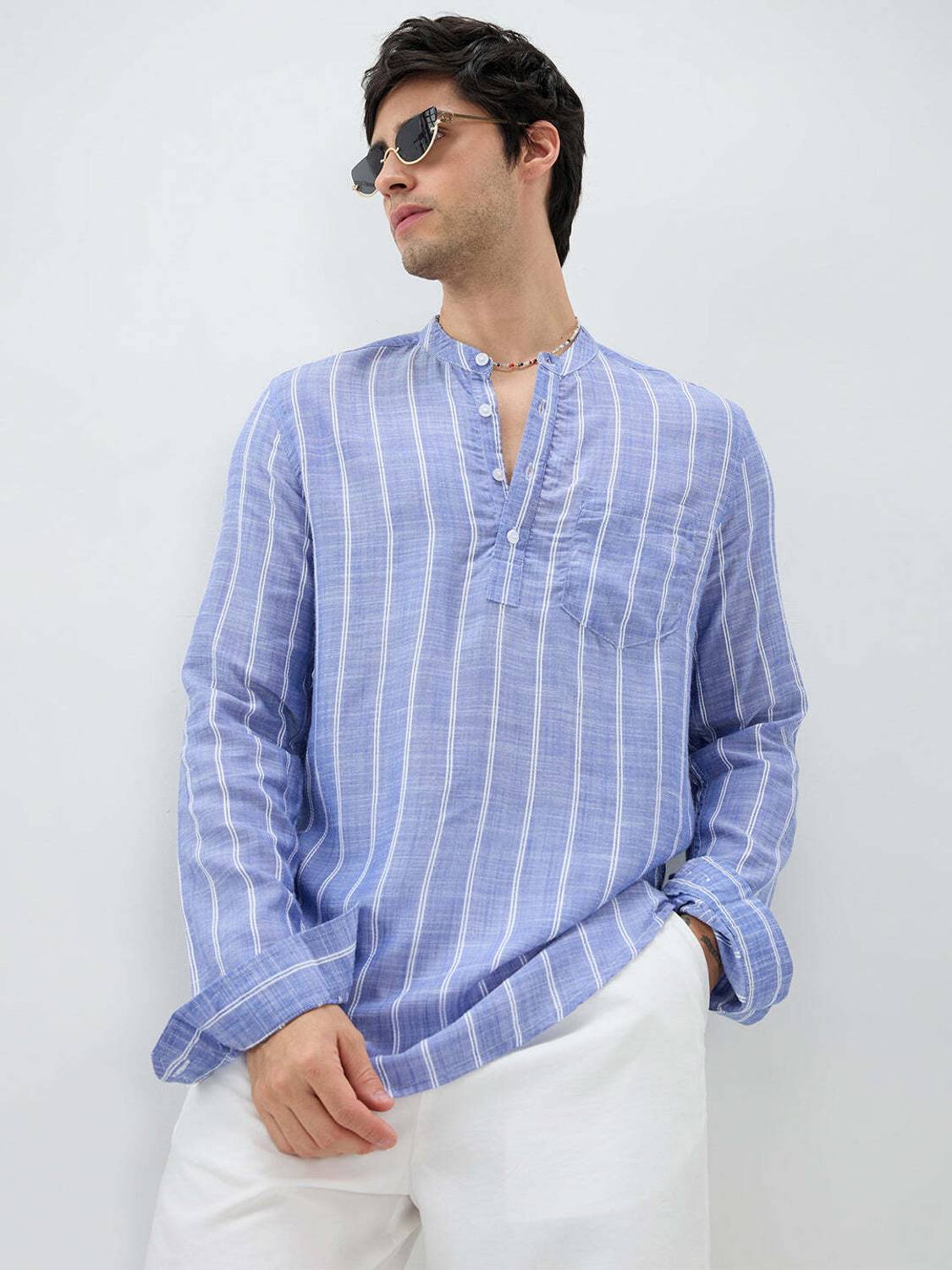 VASTRADO Men Blue Striped Straight Kurta - Image 1