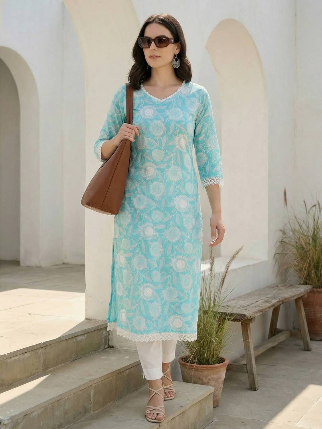 Indo Era Women Printed Pure Cotton Straight Kurta (Blue)