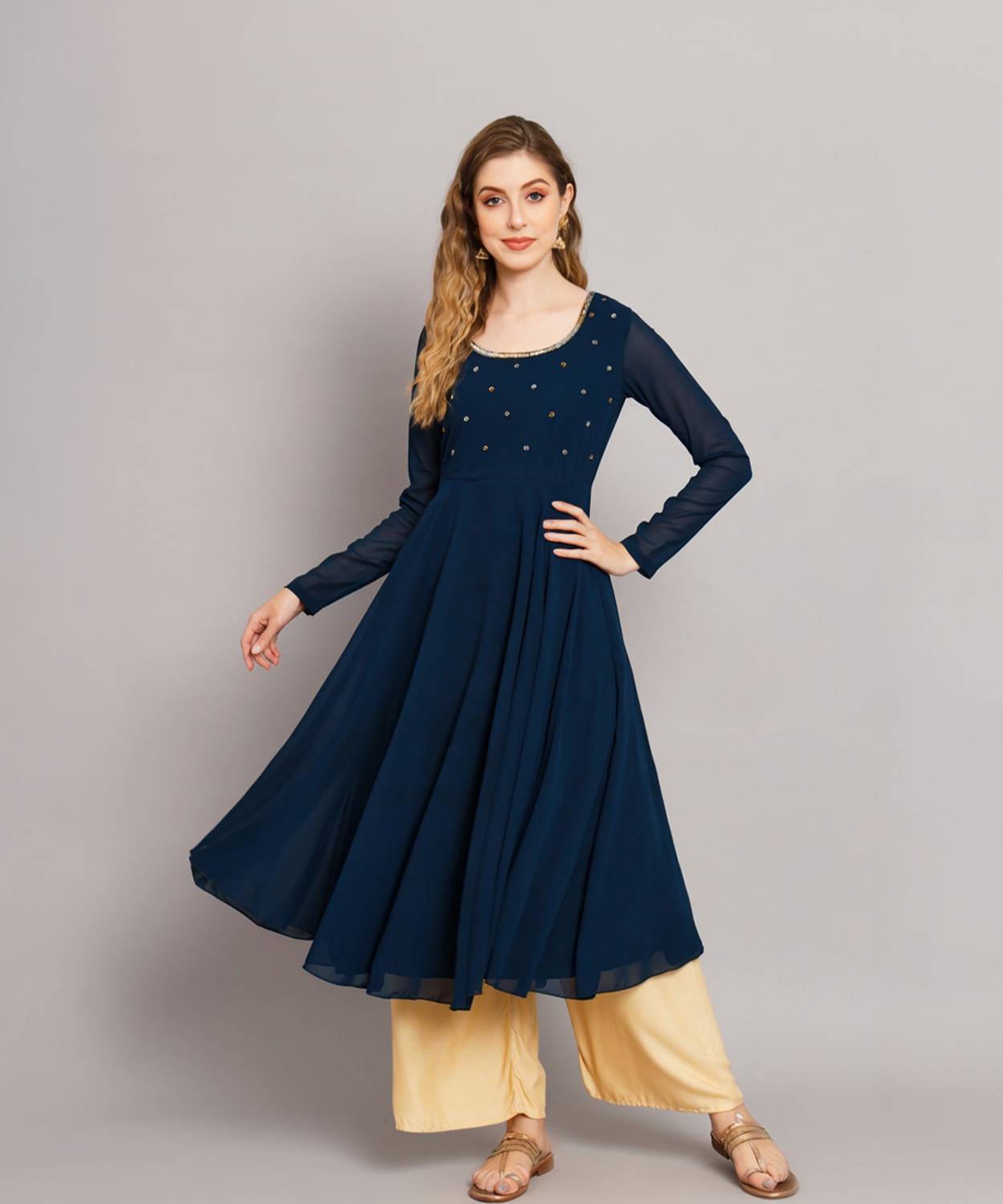 Poshak Hub Women Embroidered Georgette Anarkali Kurta (Dark Blue)
