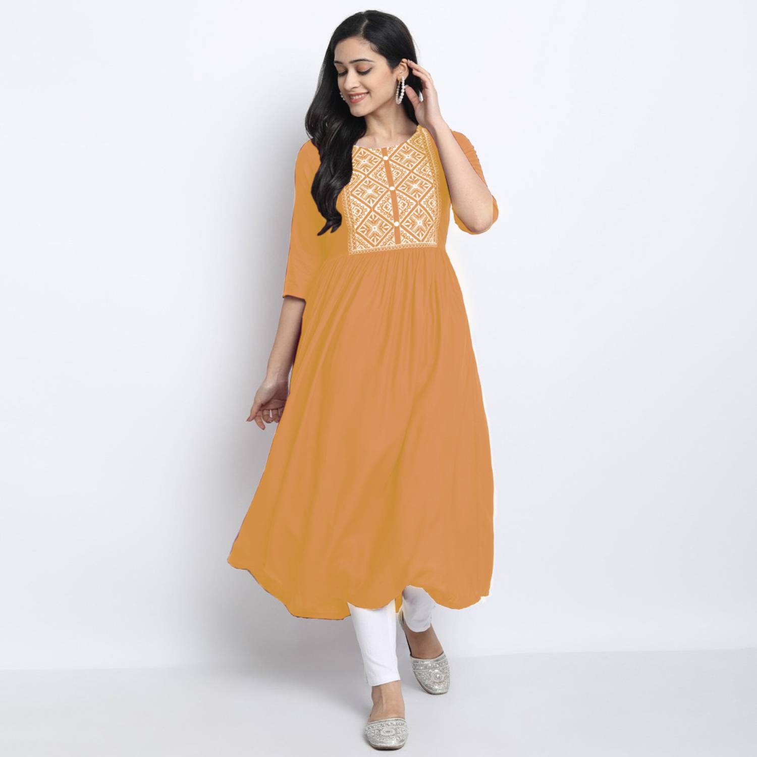 FASHION PATTI Women Embroidered Viscose Rayon Flared Kurta (Yello