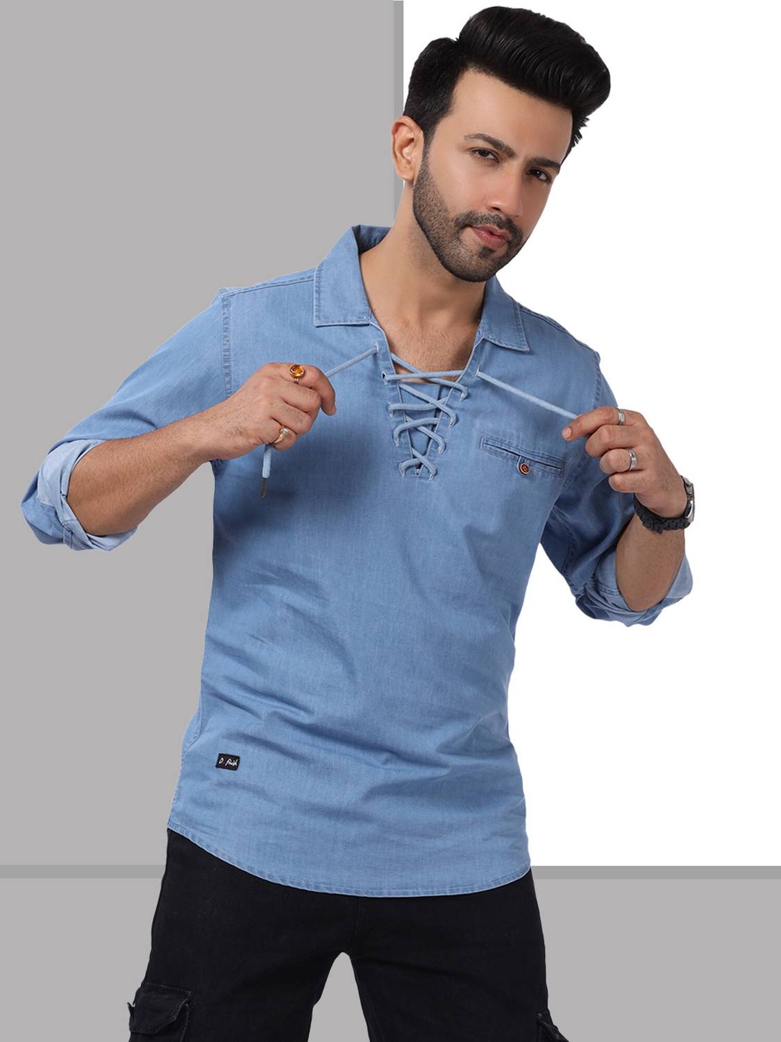 D Finish Men Blue Solid Straight Kurta - Image 1