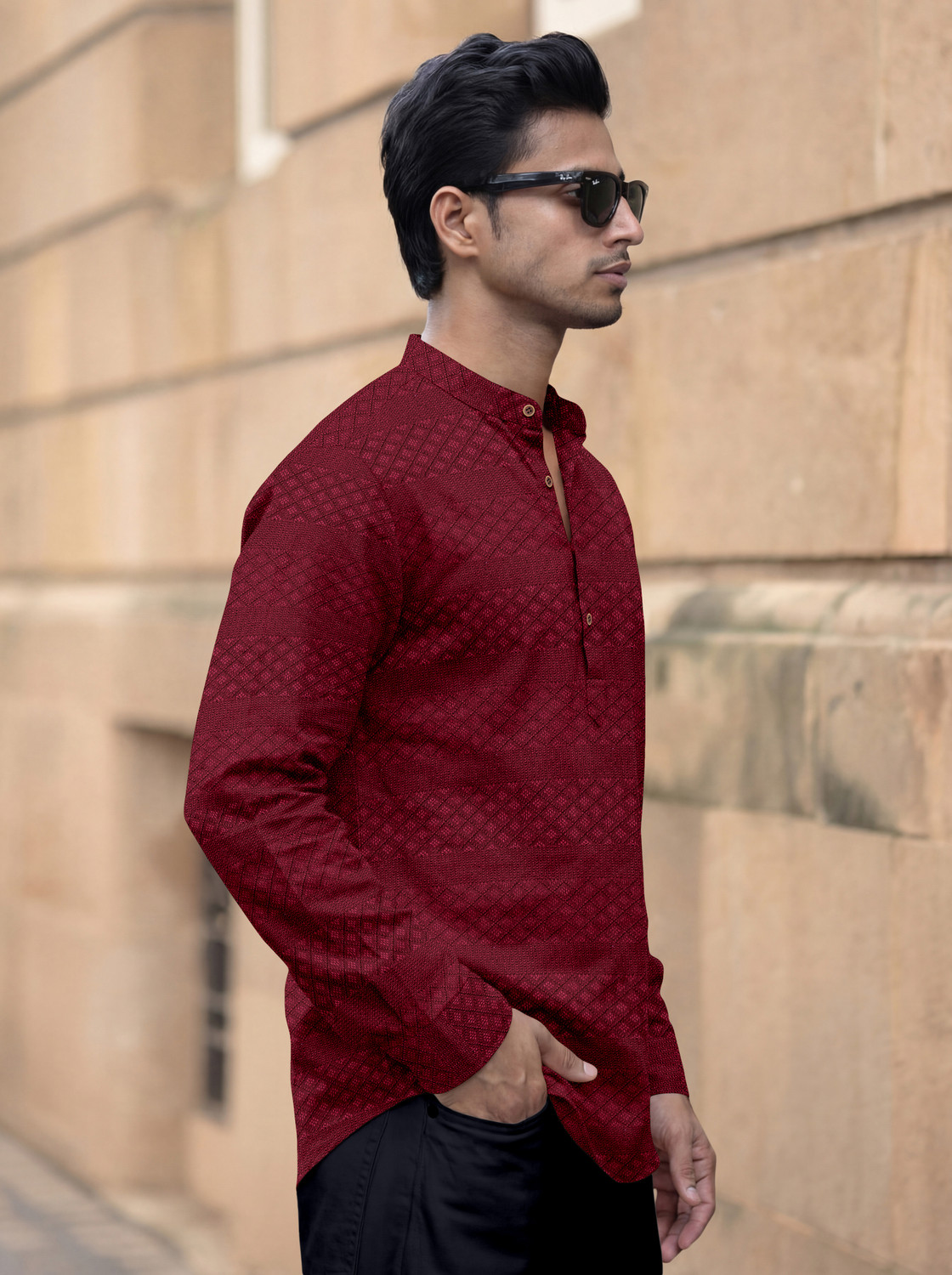 Image of VELLOSTA Men Self Design Straight Kurta