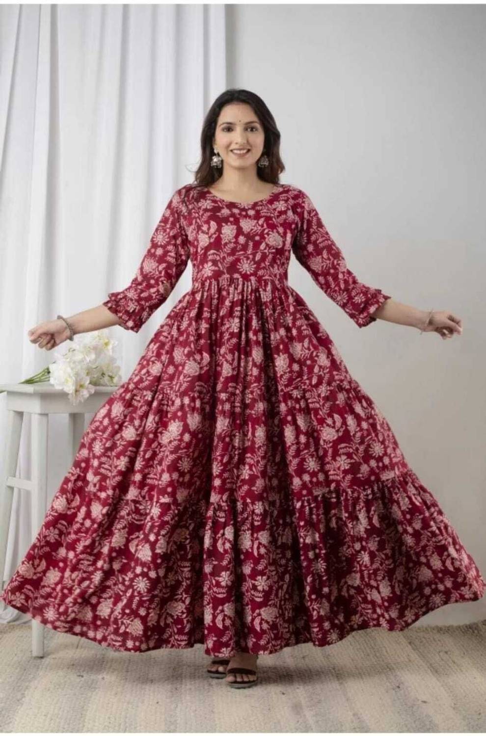 GIRYA Women Printed Viscose Rayon Flared Kurta (Maroon)