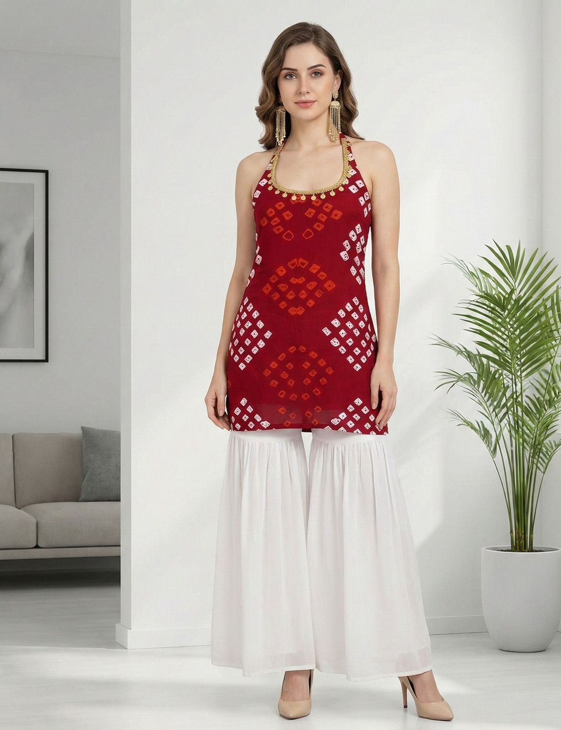 Image of Deepgarments Women Bandhani, Embellished, Printed Straight Kurta