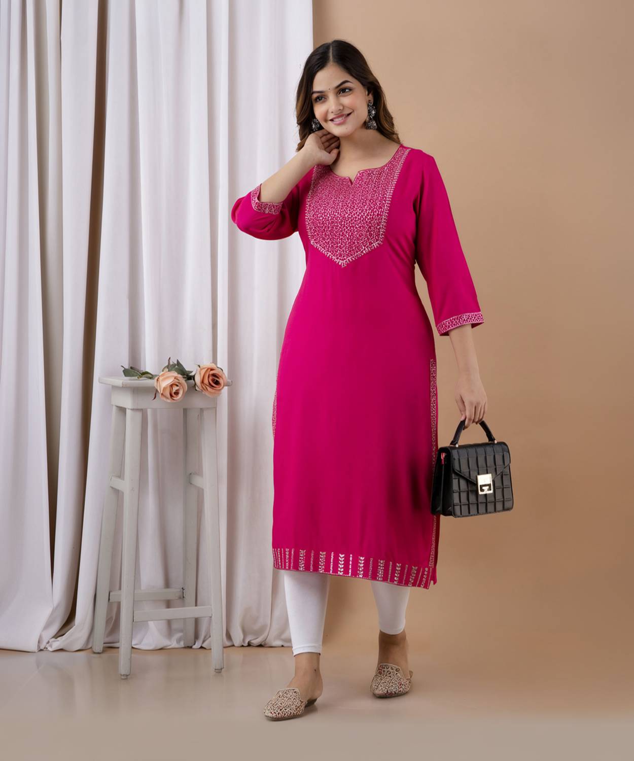 his&her Women Embroidered Viscose Rayon Straight Kurta (Pink)