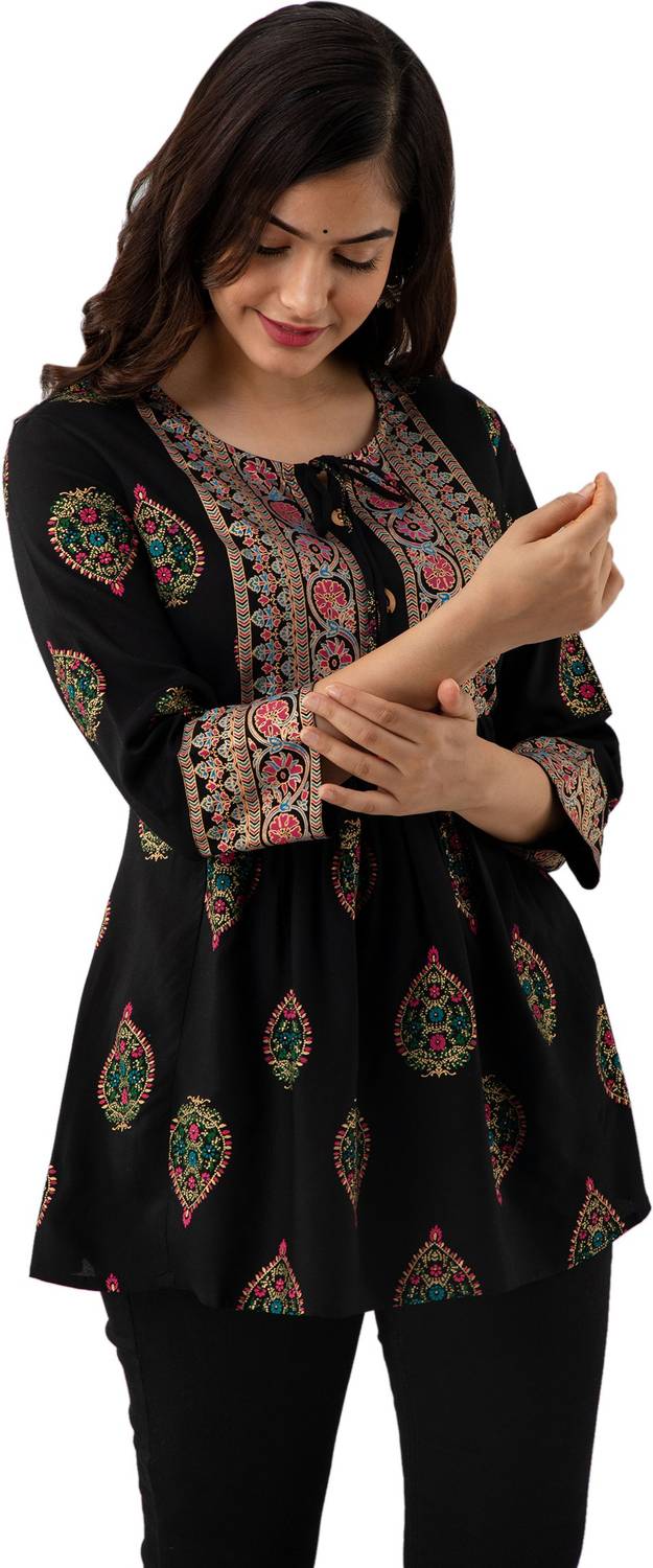 DMP FASHION Women Floral Print Viscose Rayon Straight Kurta (Blac