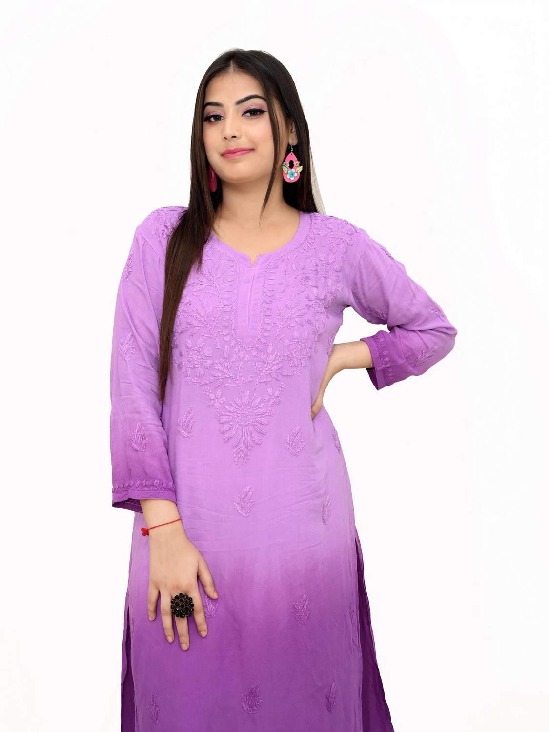 Image of Narayani Collections Women Chikan Embroidery Straight Kurta