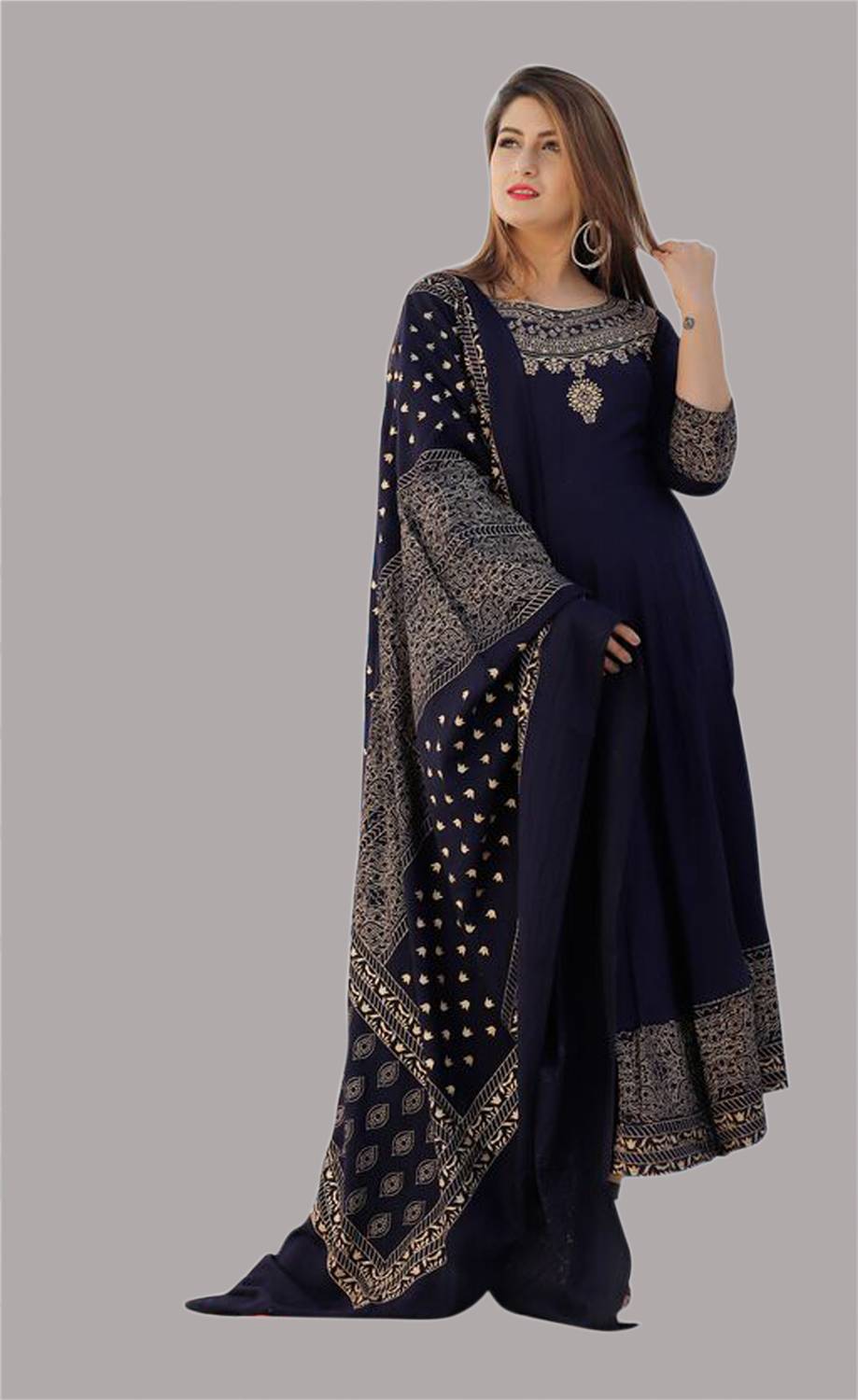 SkyAsia Women Printed Cotton Blend Anarkali Kurta With Attached D