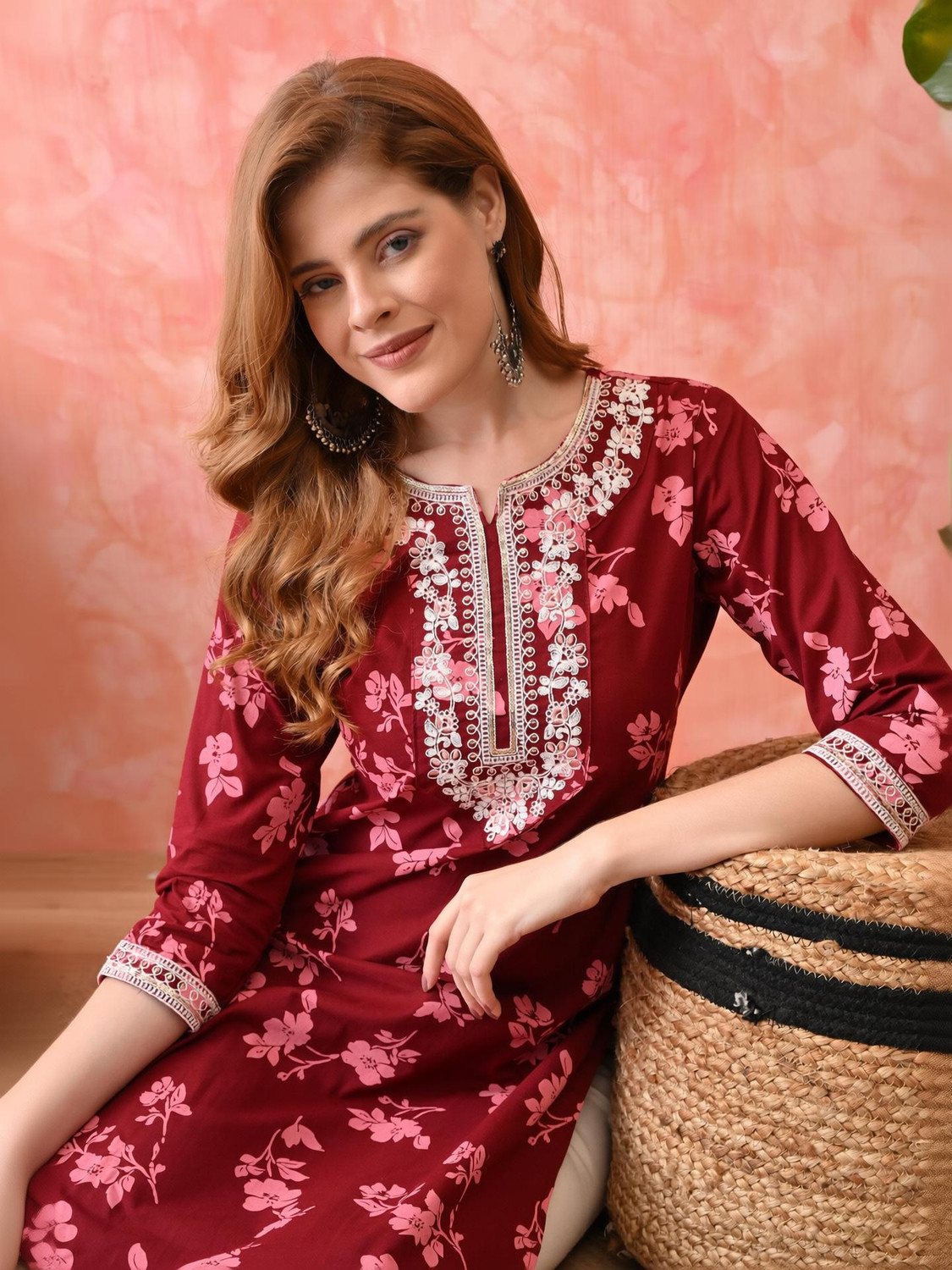 Image of KKOUTFITS Floral Print Pure Cotton Straight Kurta for Women (Maroon)