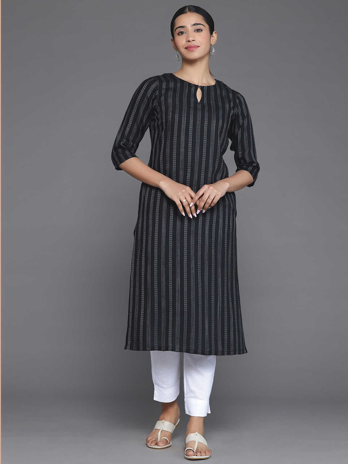 Image of LIBAS Striped Viscose Rayon Straight Kurta for Women (Dark Blue, Grey)