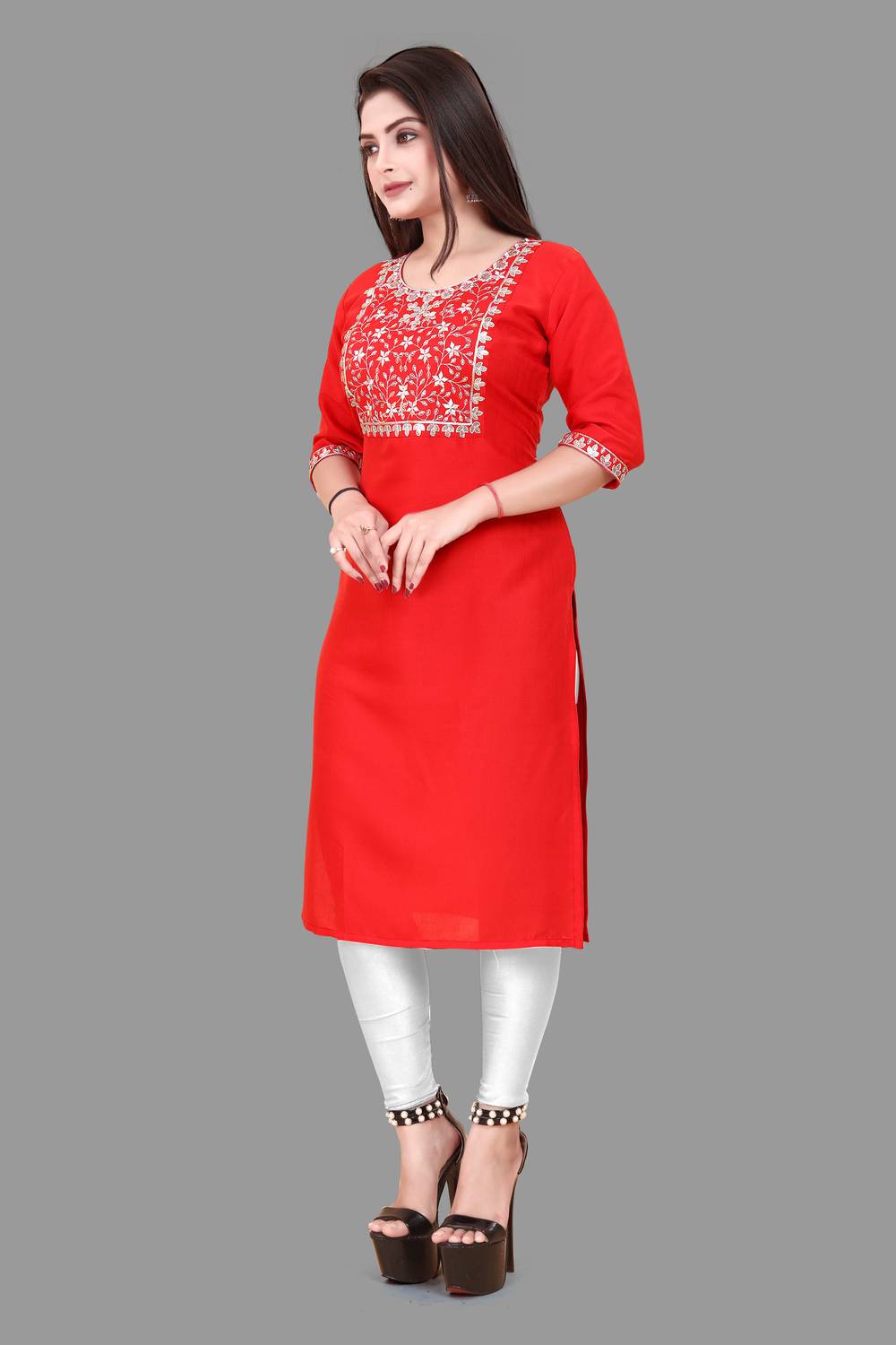 TITHIGARMENTS Women Embroidered Viscose Rayon A-line Kurta (Red)