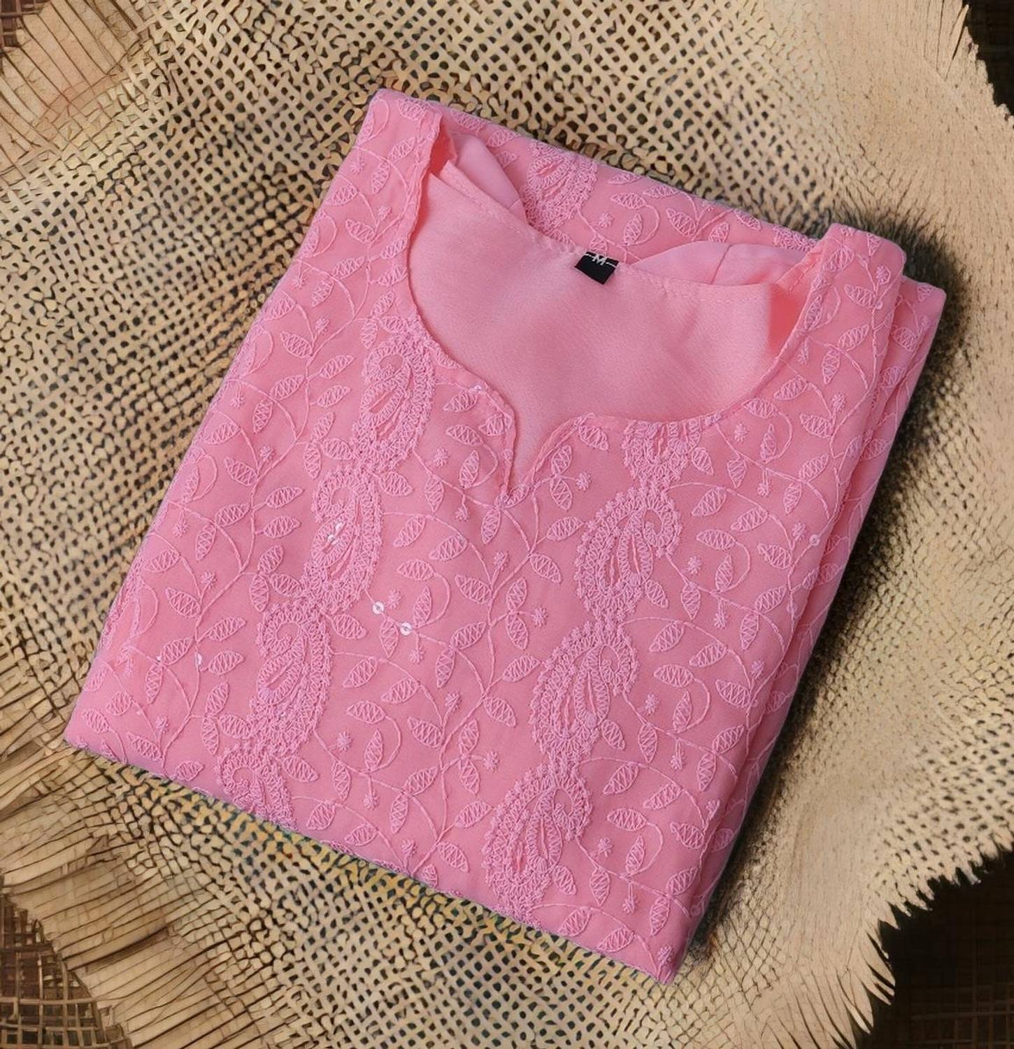 Umoly Women Chikan Embroidery Georgette Straight Kurta (Pink)