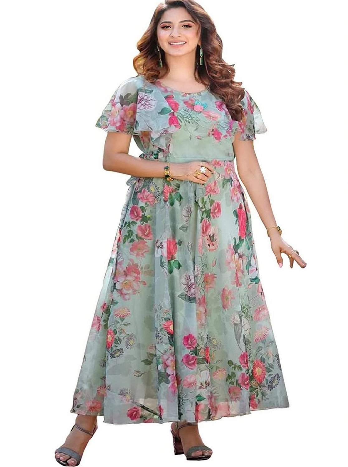 Image of THEOMFAB Women Fit and Flare Multicolor Maxi /Full Length Dress