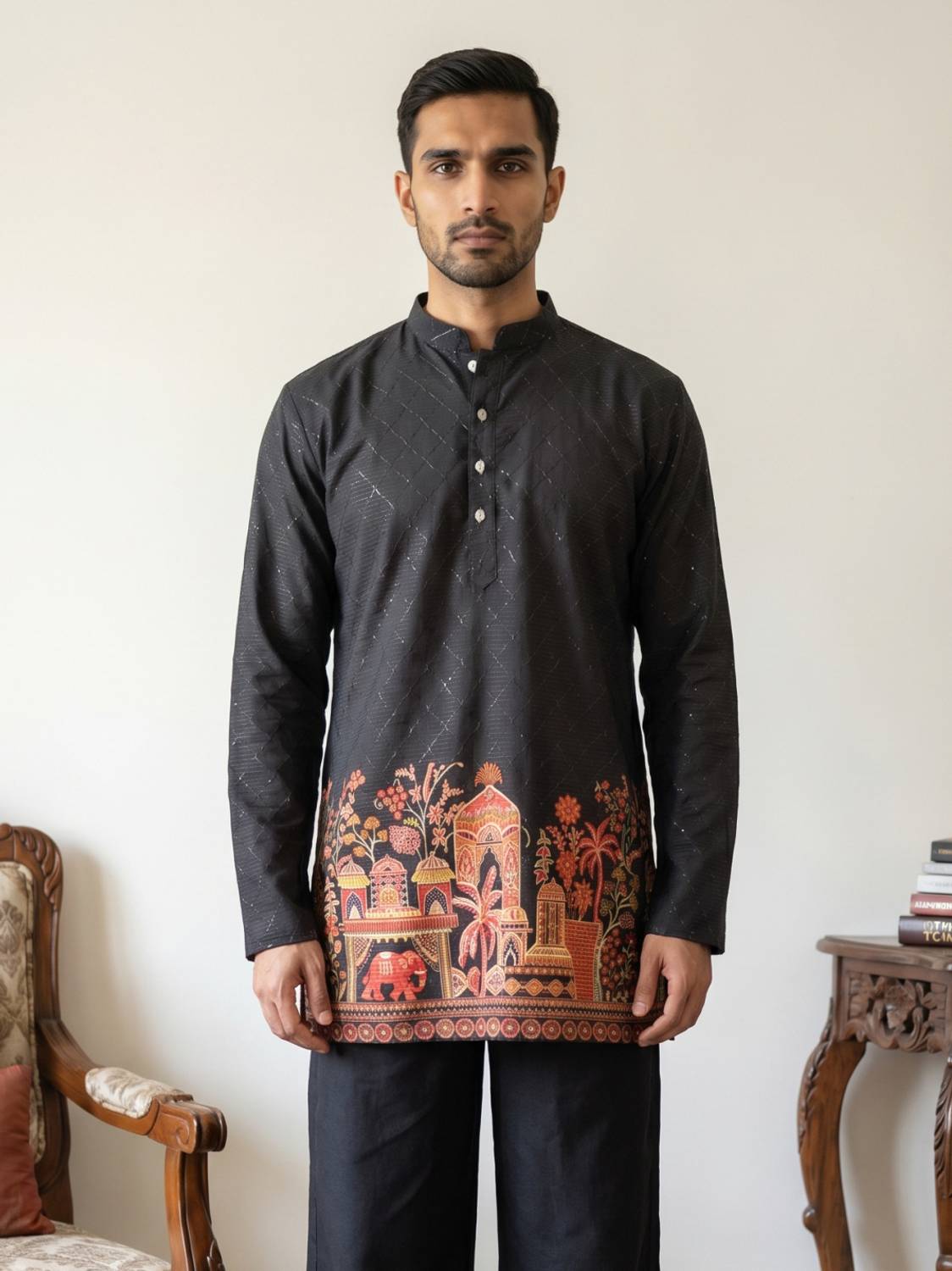 ANOUK Men Black Printed Straight Kurta - Image 4