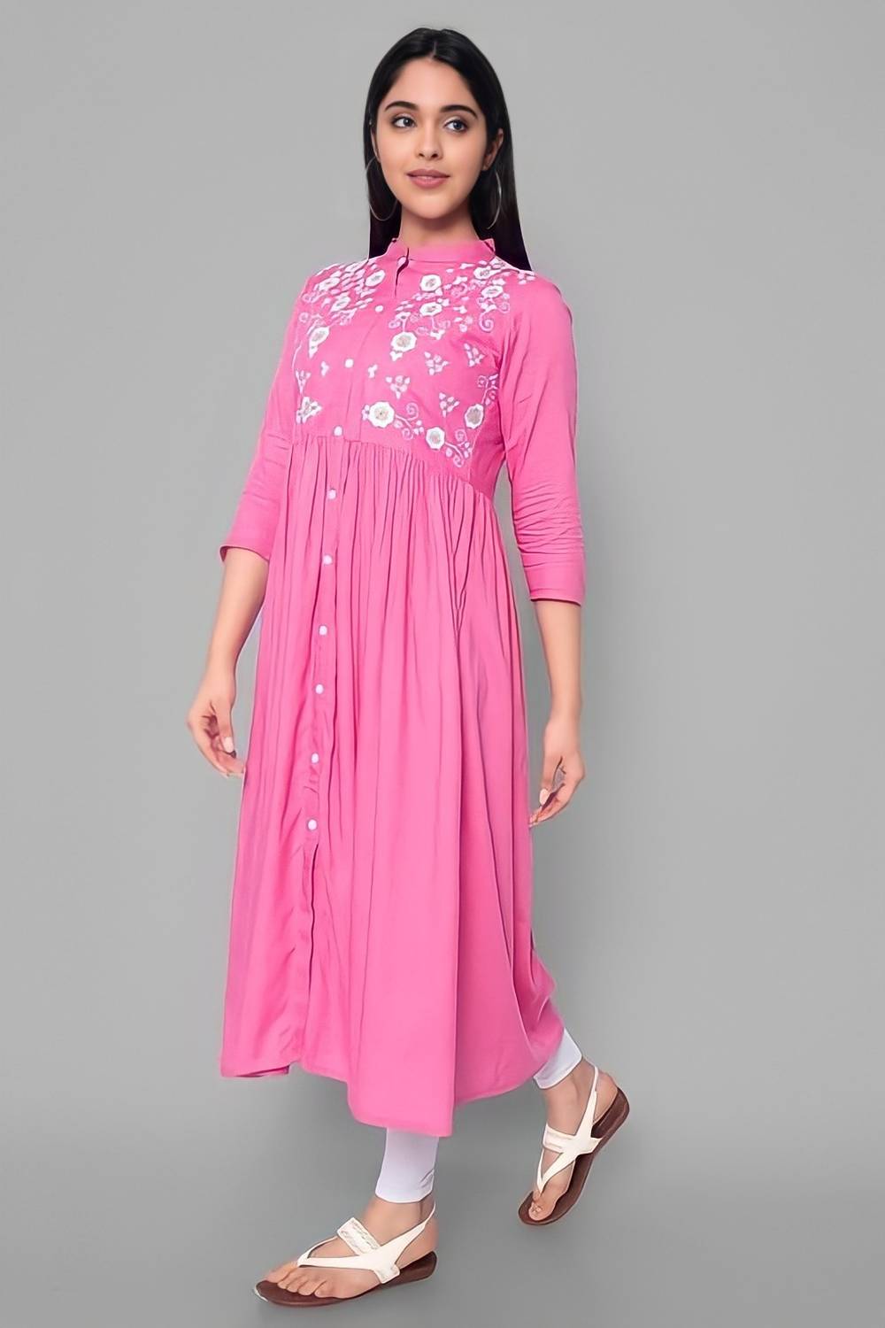 PALSIYA PRESENTS Women Printed Cotton Rayon A-line Kurta (Pink)