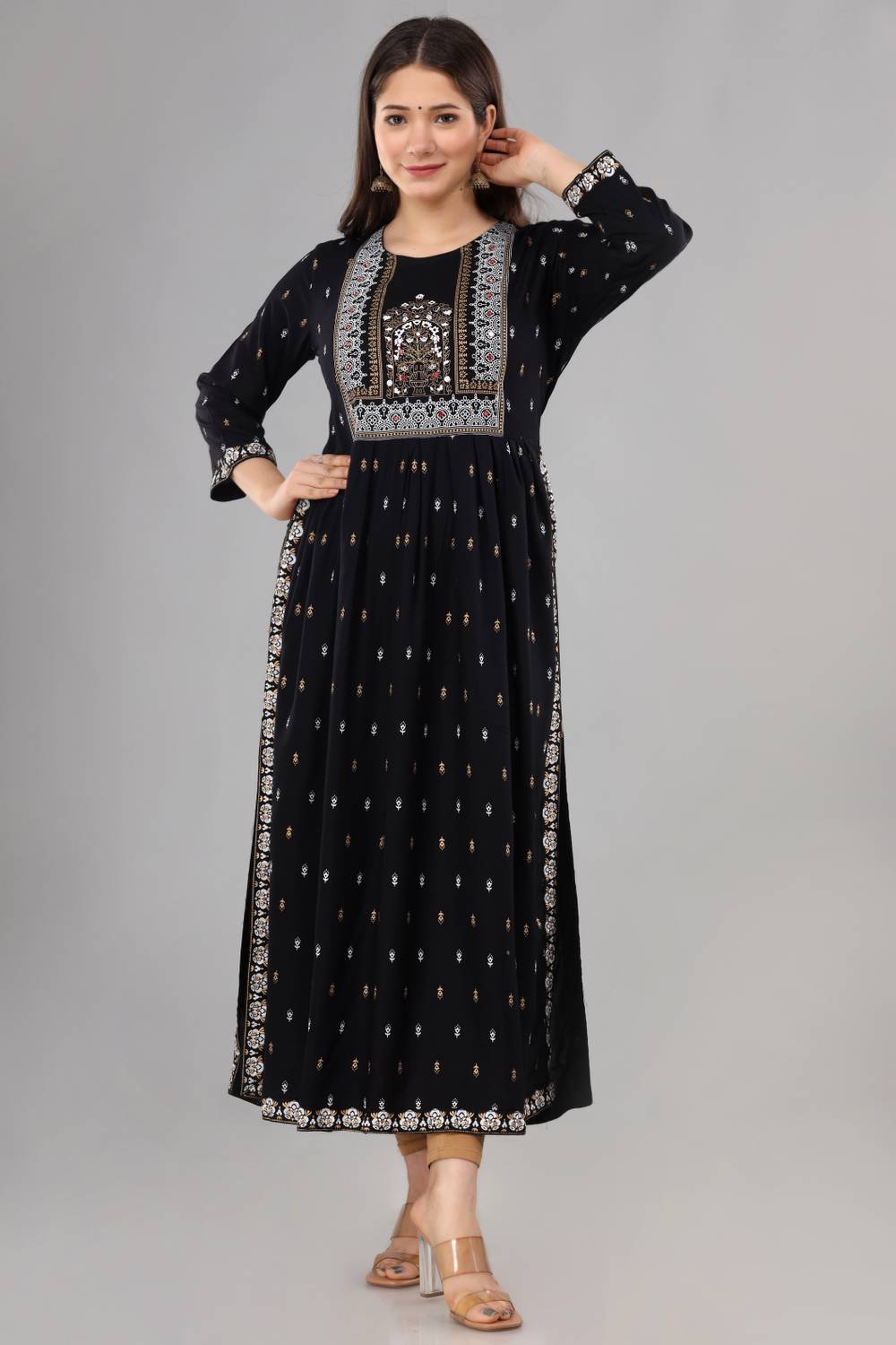 Saabhi Women Printed Viscose Rayon Flared Kurta (Black)