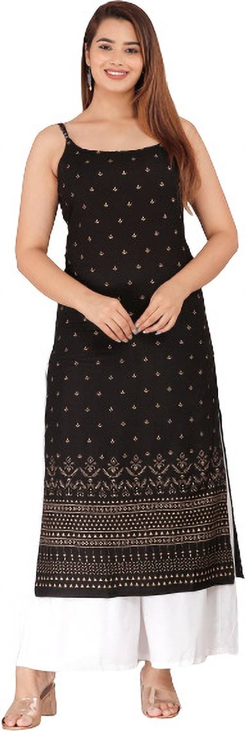 HARSUKHI Women Printed Viscose Rayon Straight Kurta (Black)
