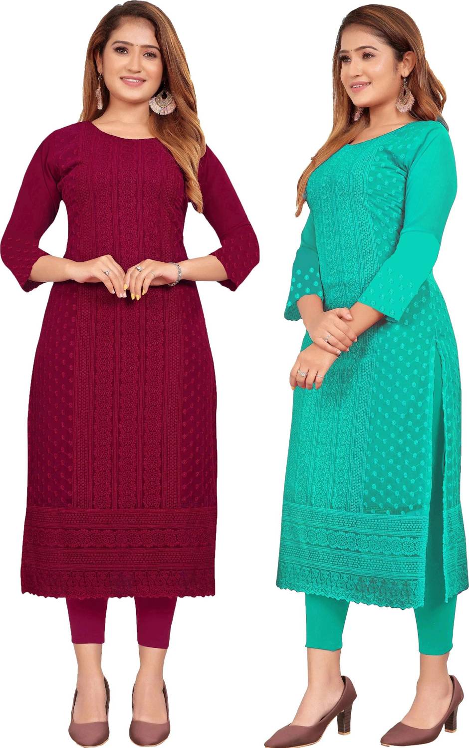 KAYRAAH Pack of 2 Women Chikan Embroidery Georgette Straight Kurt