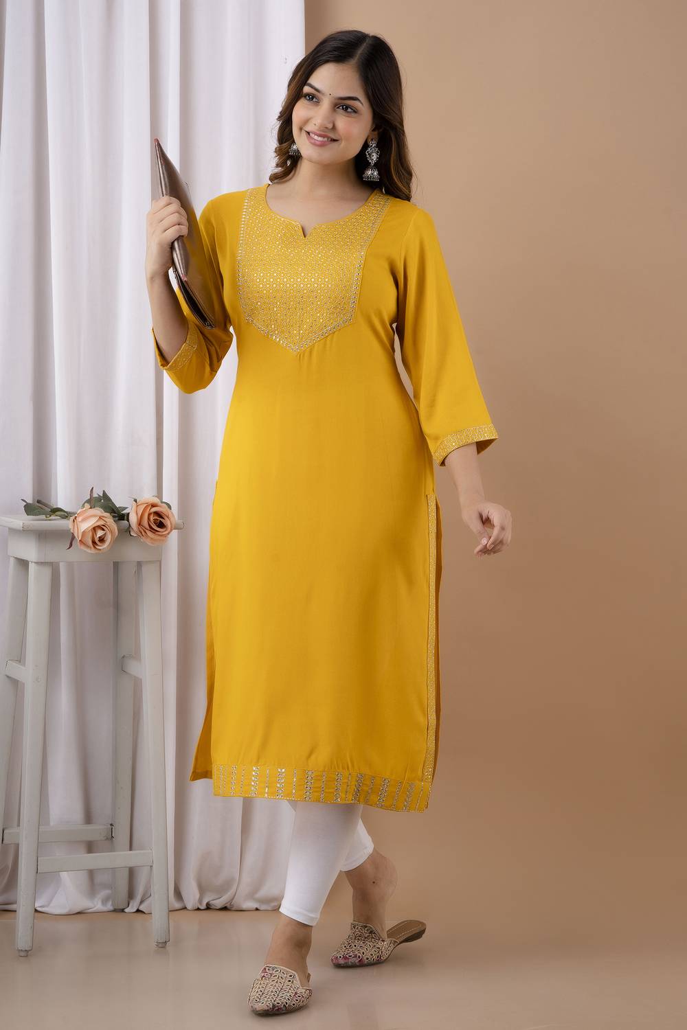 his&her Women Embroidered Viscose Rayon Straight Kurta (Yellow)