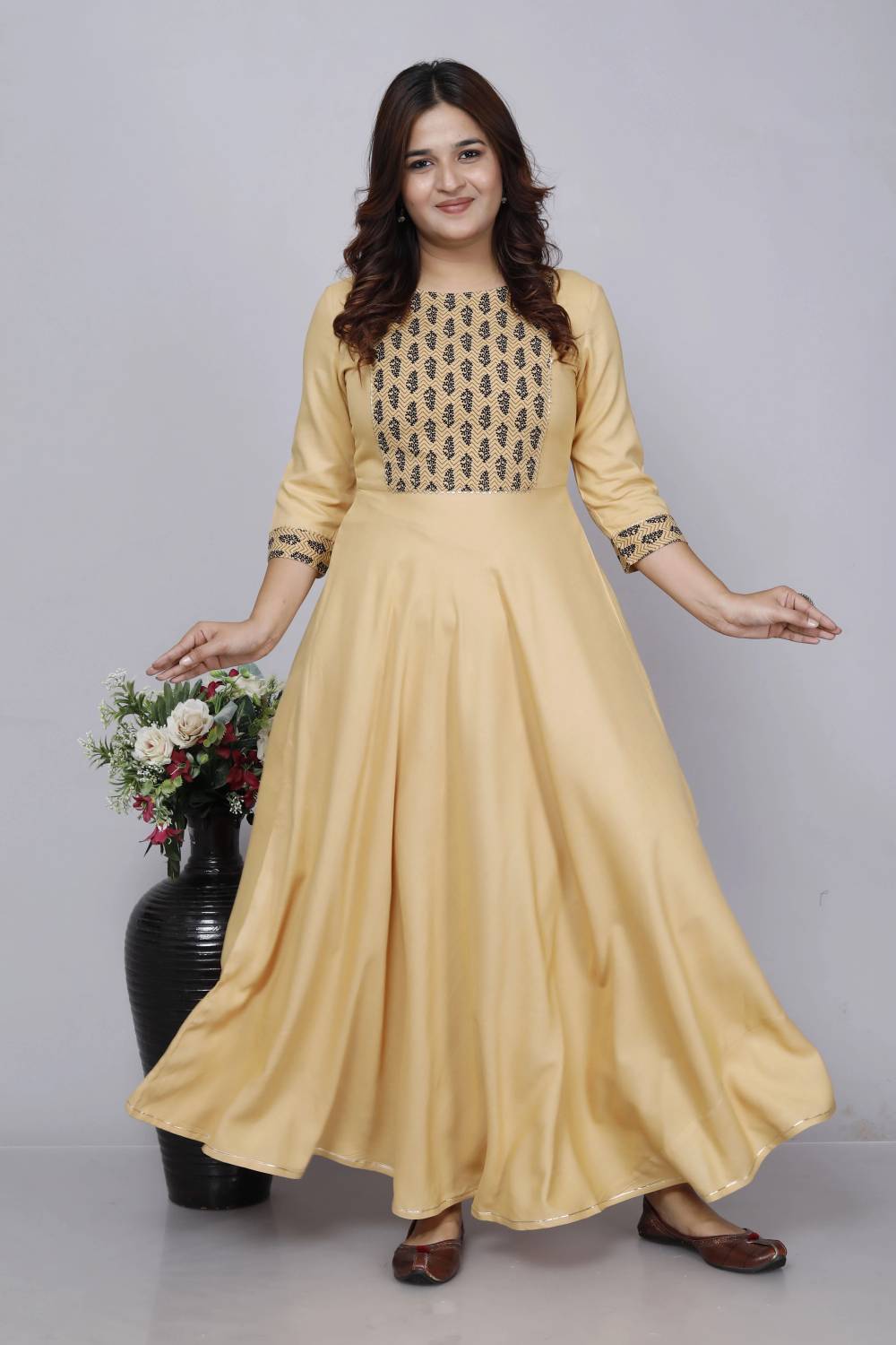 RAAKA Women Printed Viscose Rayon Anarkali Kurta (Beige, Black)