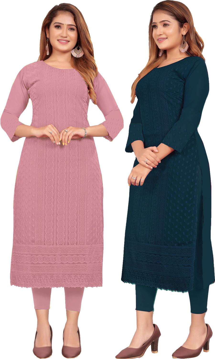 KAYRAAH Pack of 2 Women Chikan Embroidery Georgette Straight Kurt